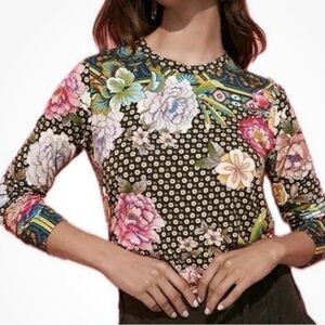 Johnny Was Active Wear Top Grey Peony Long Sleeve Plus Size XXL